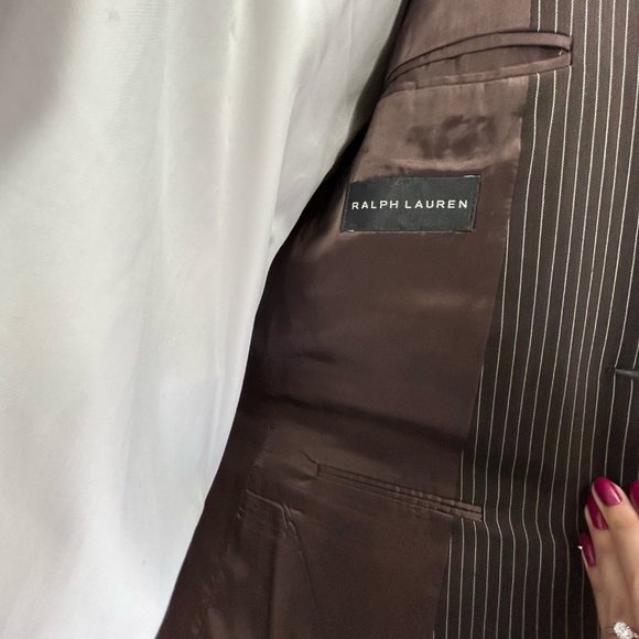 Brown Striped Wool-Cashmere Suit w/ Wide Leg Pants - Ralph Lauren (Black Label) - Picture 4 of 16